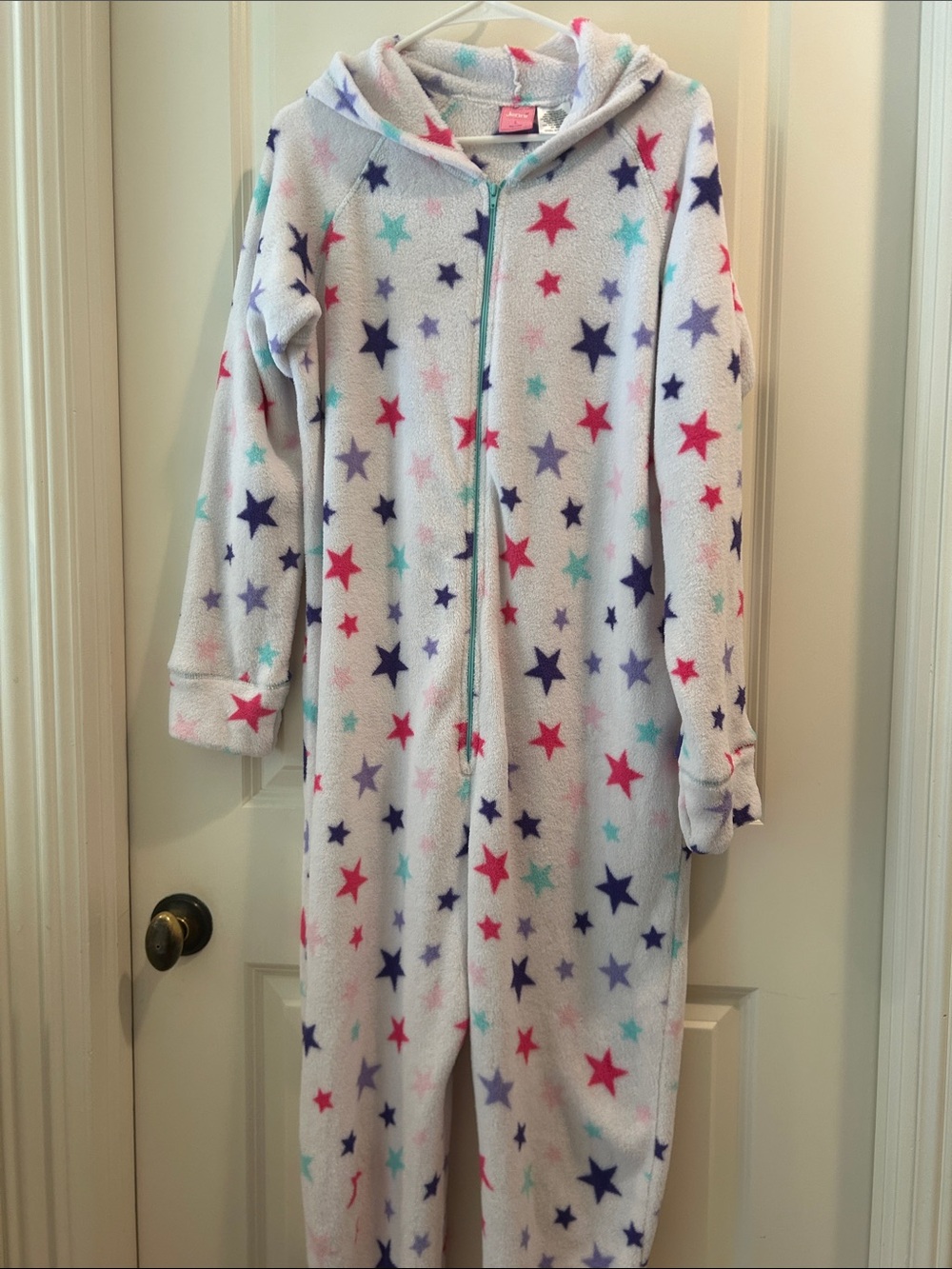Jenni women’s Star-Print Fleece Pajama zipUp Onesie Footsies w/thumbhole size L